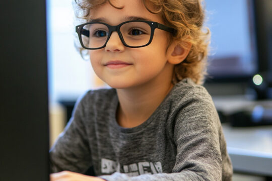 a child wearing glasses, working on a computer at school