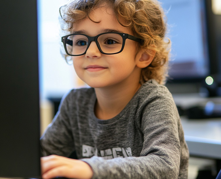 a child wearing glasses, working on a computer at school